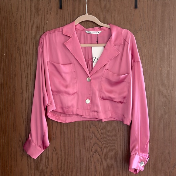 Zara Tops - Zara Pink Silk Cropped Button-Up